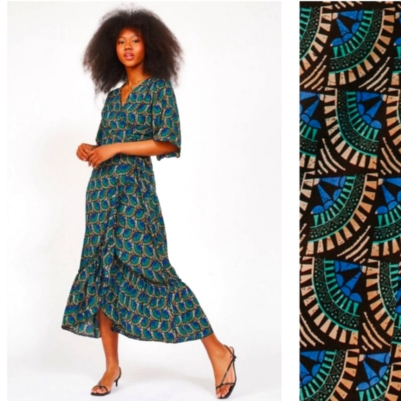 Silk & Salt Dresses & Skirts - Silk & Salt Journey Maxi Wrap Dress Size L African Peacock Print, V-neck
